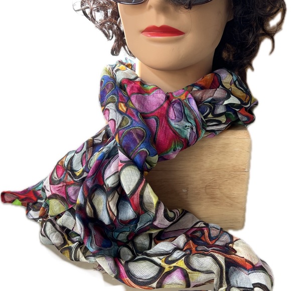 ⭕️Vibrant Multicolor Modal/Silk Oblong Lightweight Circle Design Scarf—Namaskar - Picture 5 of 17